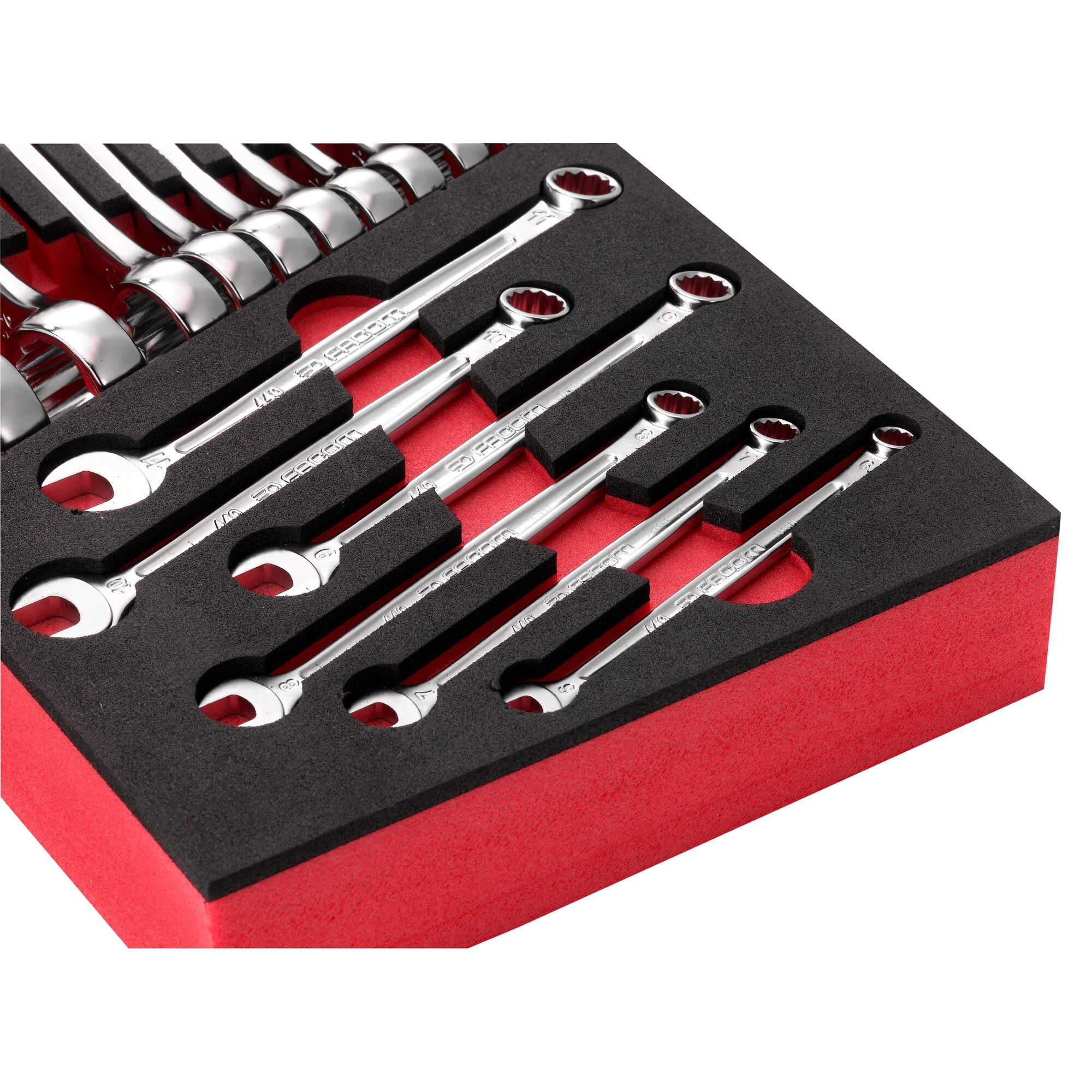 Facom MODM_440-1PB wrench set in black and red foam tray, angled product photo.